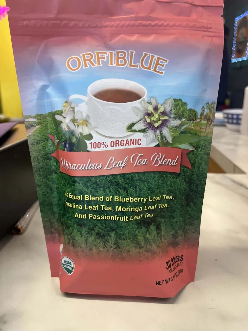 A bag of Dr. Schulze's Teas, featuring images of a tea cup and flowers and front details on ingredients—perfect for vegan and vegetarian lifestyles.