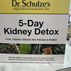 A box of Dr. Schulze’s Kidney Detox with “Flush, Cleanse, Detoxify Your Kidneys & Bladder” on the front, plus an organic, vegan formula and a list of included items.