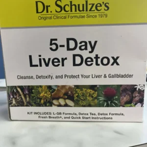 A box of Dr. Schulze's Liver Detox, promoting an organic liver and gallbladder cleanse, with a list of included items and images of herbs shown on the packaging.