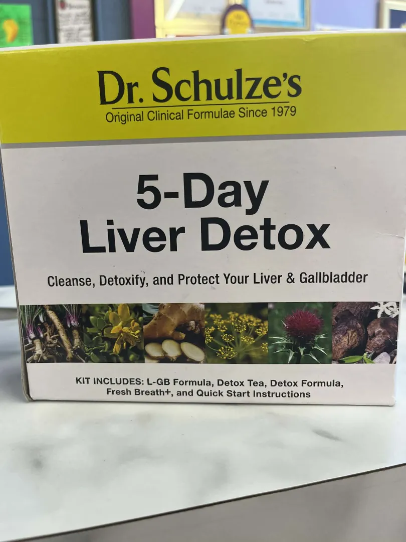 A box of Dr. Schulze's Liver Detox, promoting an organic liver and gallbladder cleanse, with a list of included items and images of herbs shown on the packaging.